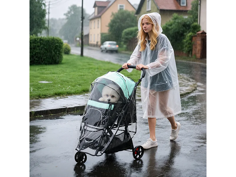 Passeggino cani pieghevole con 3 ruote e copertura antipioggia verde