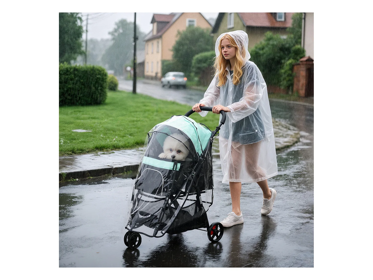 Passeggino cani pieghevole con 3 ruote e copertura antipioggia verde