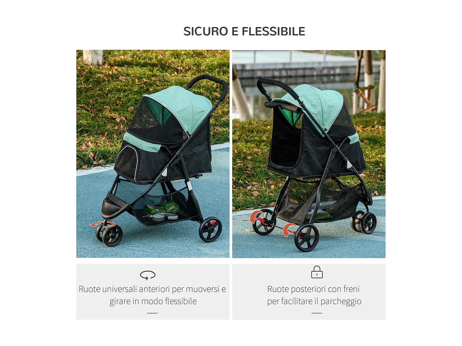 Passeggino cani pieghevole con 3 ruote e copertura antipioggia verde