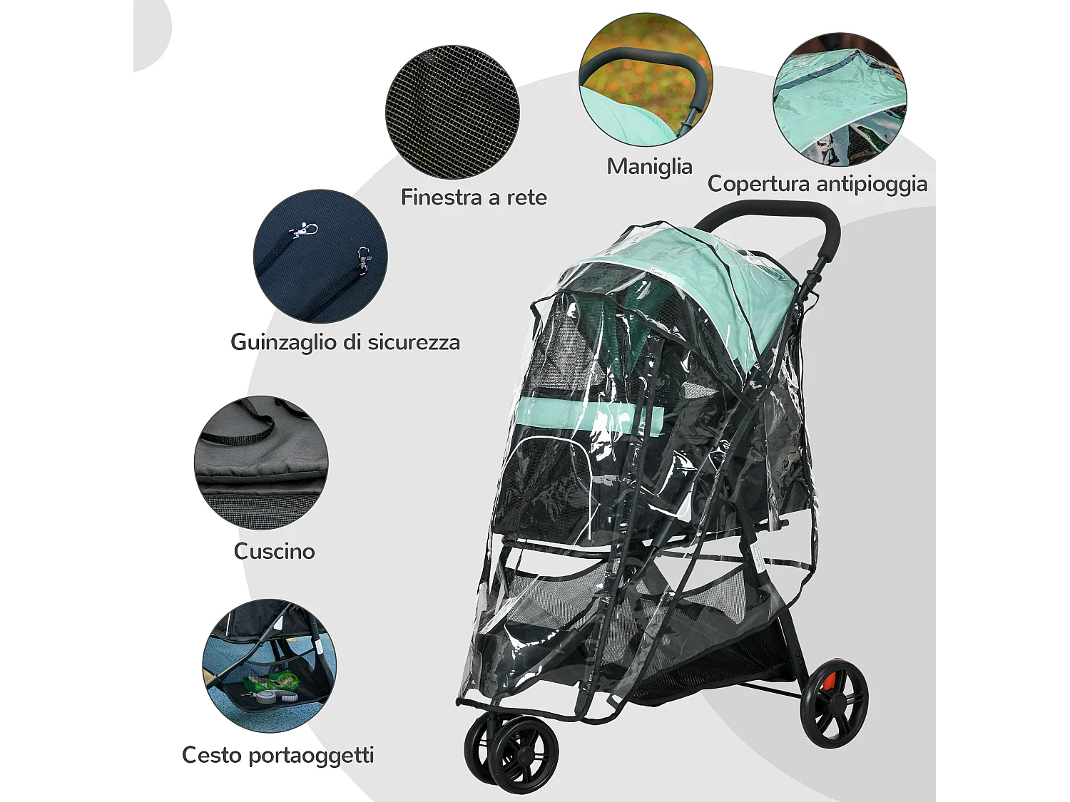 Passeggino cani pieghevole con 3 ruote e copertura antipioggia verde