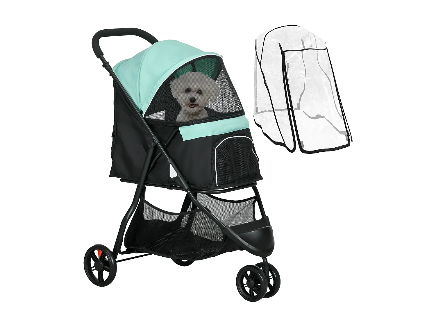 Passeggino cani pieghevole con 3 ruote e copertura antipioggia verde