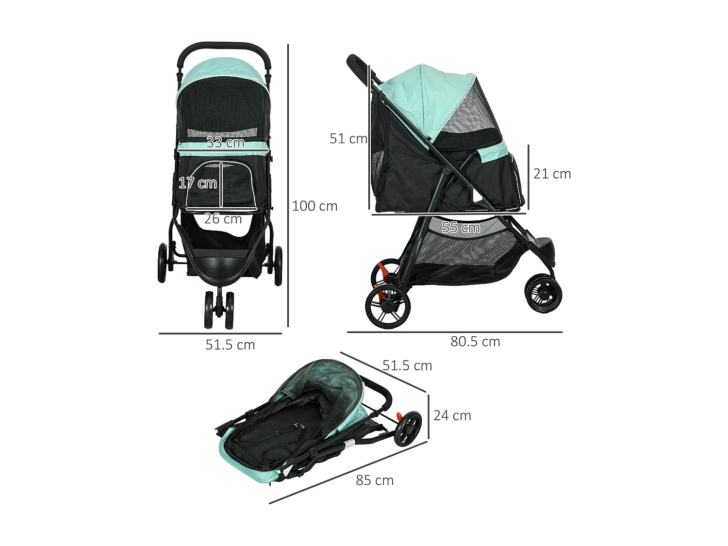 Passeggino cani pieghevole con 3 ruote e copertura antipioggia verde