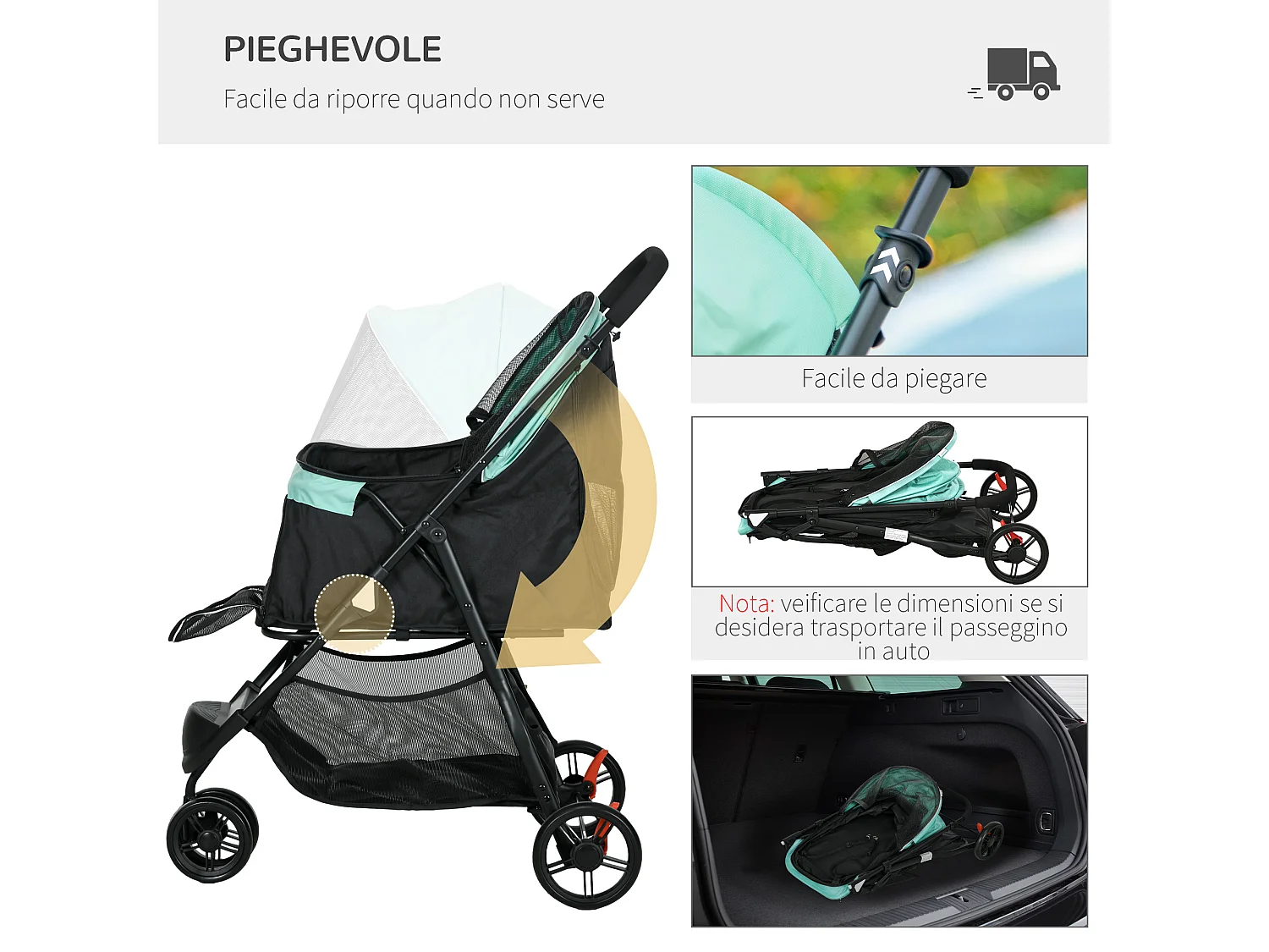 Passeggino cani pieghevole con 3 ruote e copertura antipioggia verde