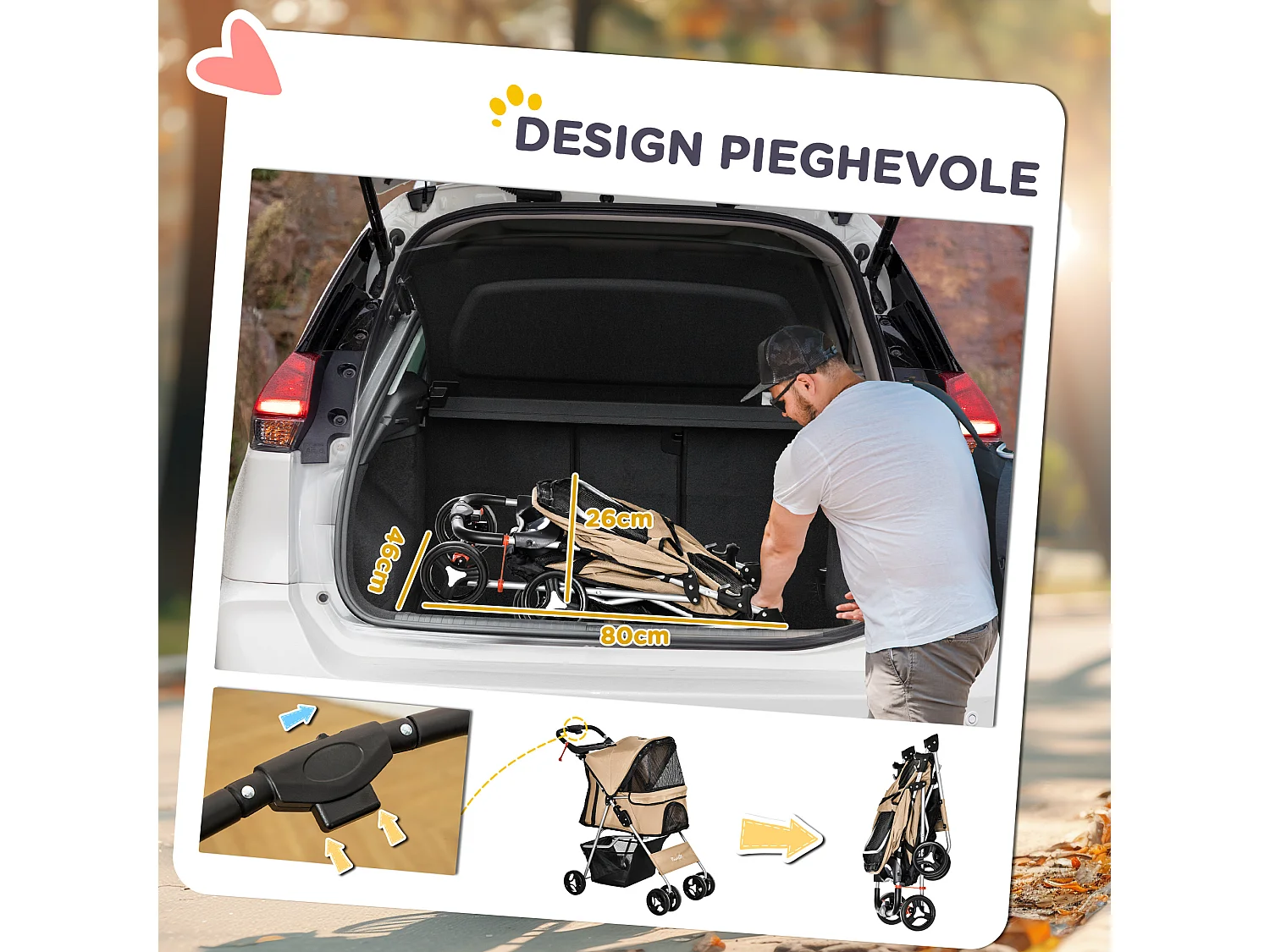 Passeggino per cani piccoli e mini pieghevole con cestino e rete caffè