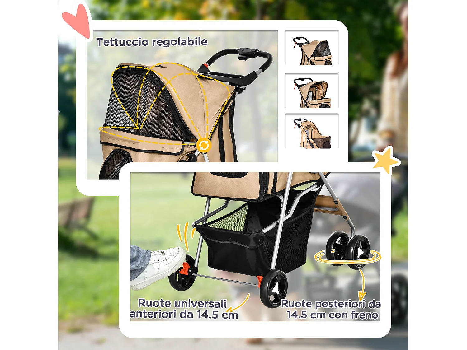 Passeggino per cani piccoli e mini pieghevole con cestino e rete caffè