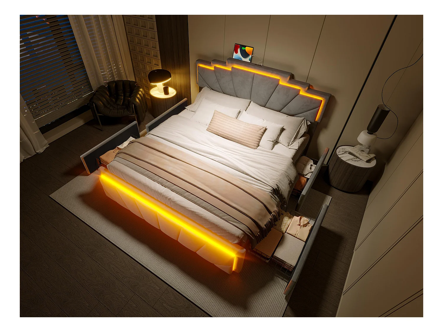 Lit coffre rembourré 160x200 cm en velours gris - avec 4 tiroirs - ports USB et Type-C - éclairage LED RGB - design futuriste