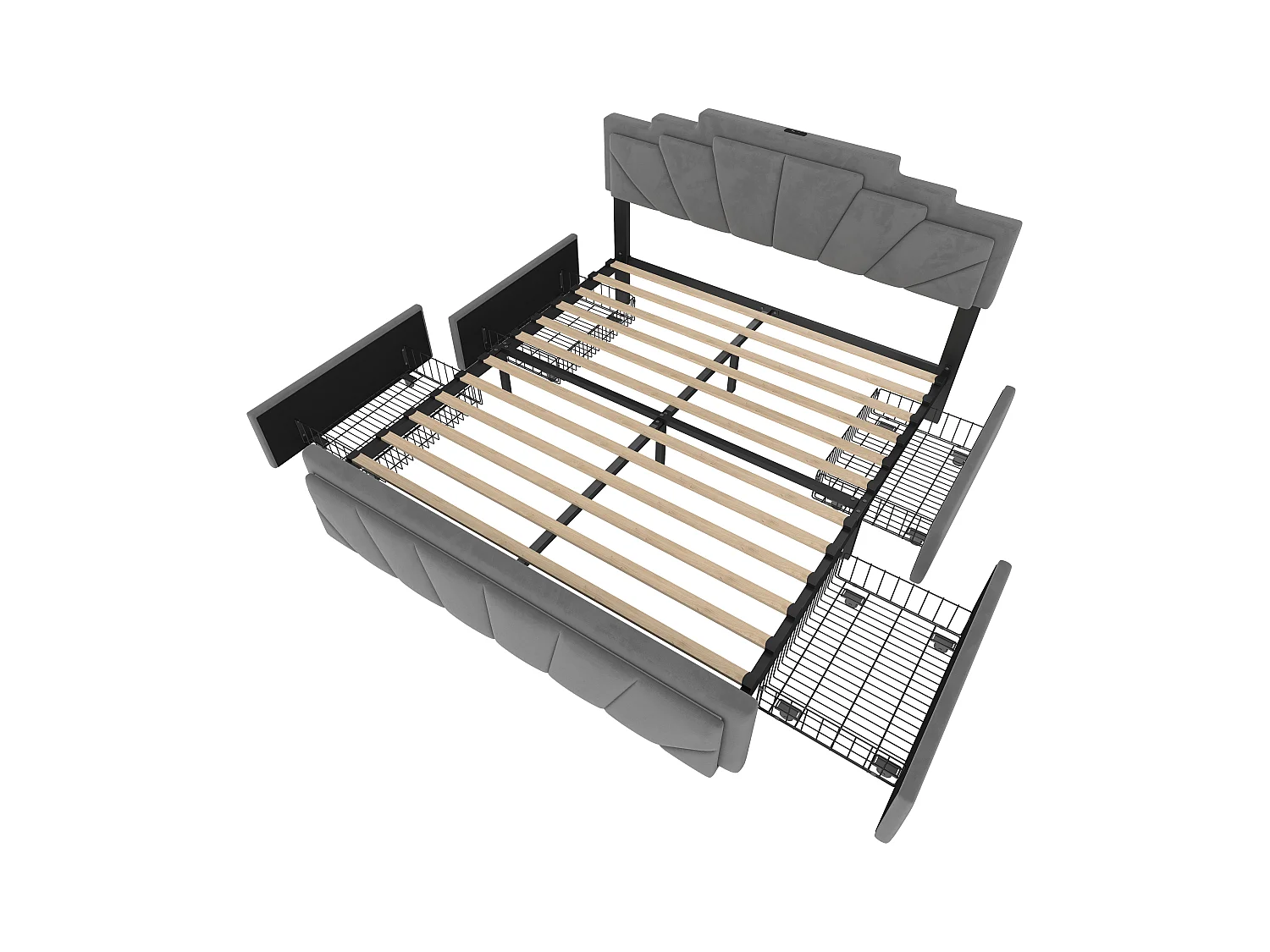 Lit coffre rembourré 160x200 cm en velours gris - avec 4 tiroirs - ports USB et Type-C - éclairage LED RGB - design futuriste