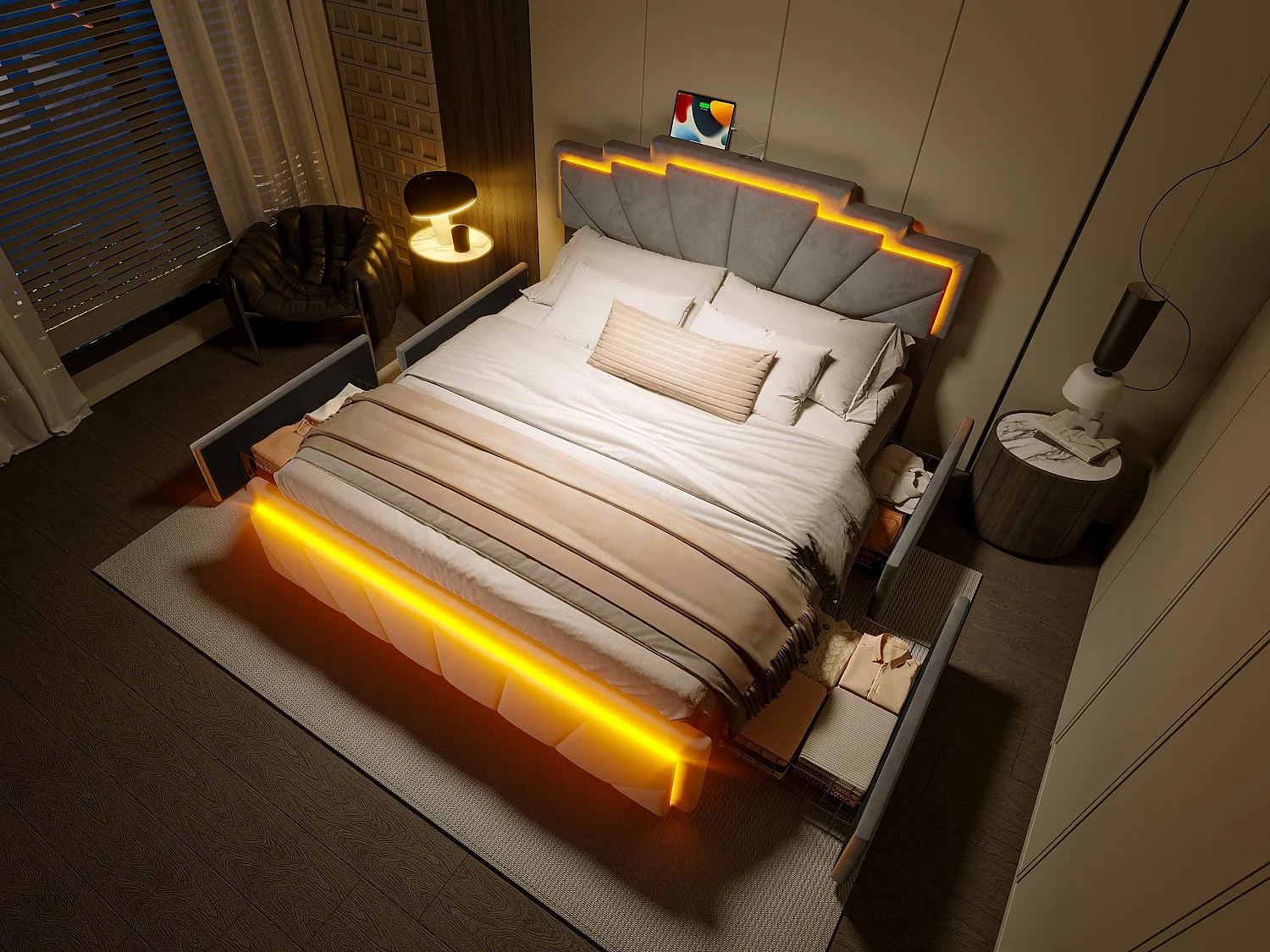 Lit coffre rembourré 160x200 cm en velours gris - avec 4 tiroirs - ports USB et Type-C - éclairage LED RGB - design futuriste