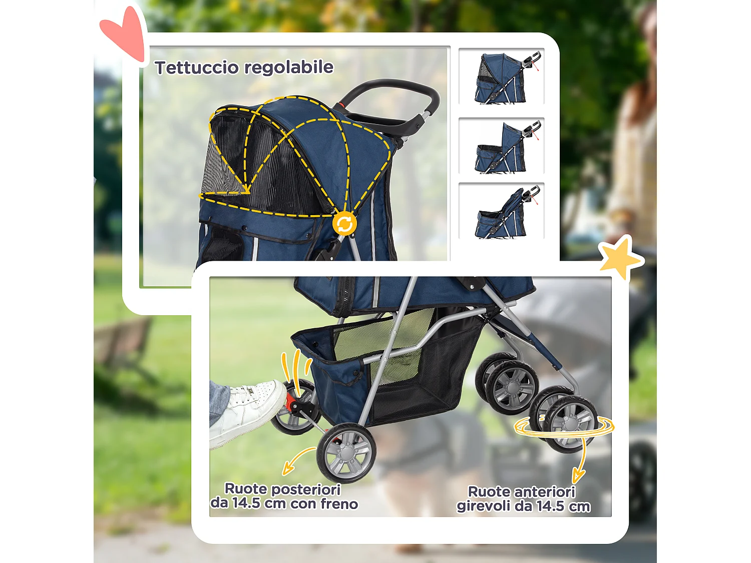 Passeggino per cani piccoli pieghevole con cestino e portabicchiere blu