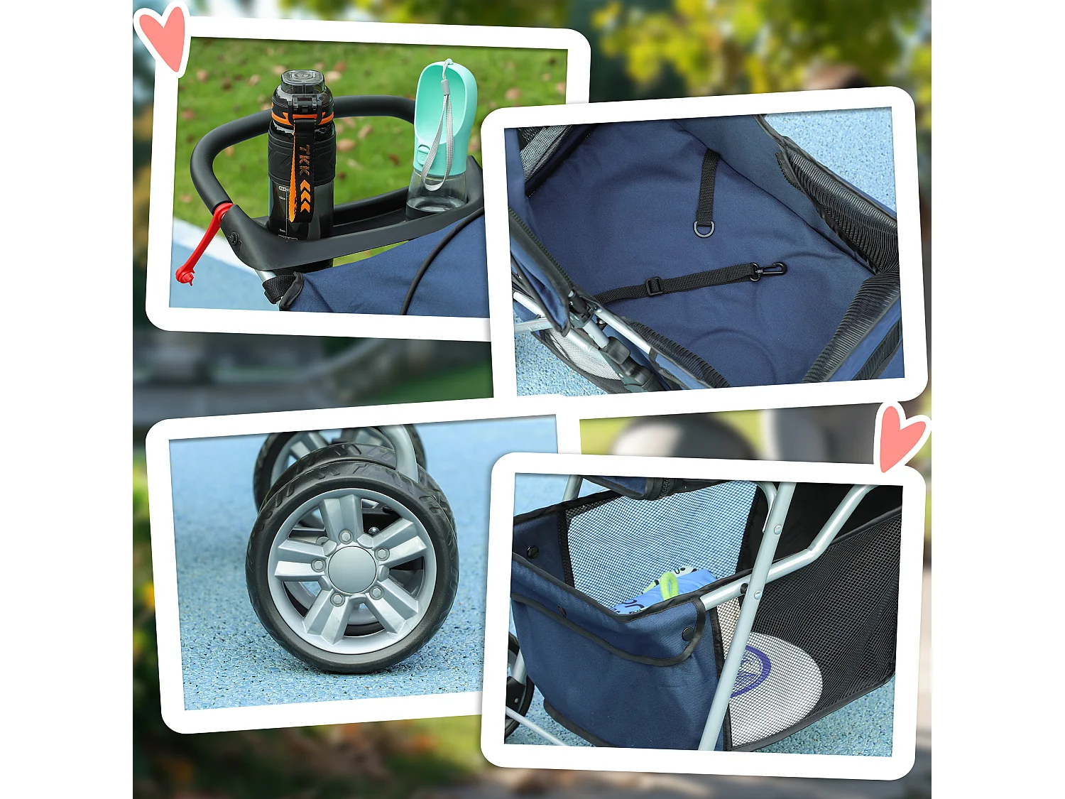 Passeggino per cani piccoli pieghevole con cestino e portabicchiere blu