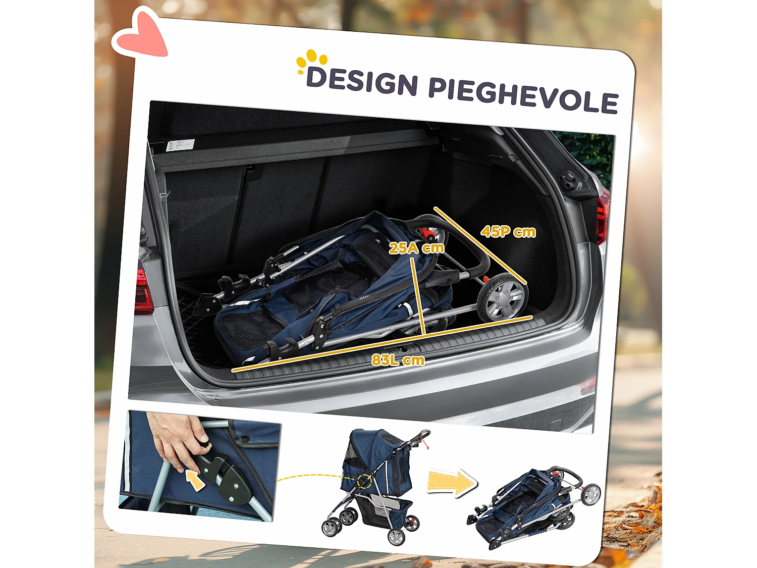 Passeggino per cani piccoli pieghevole con cestino e portabicchiere blu