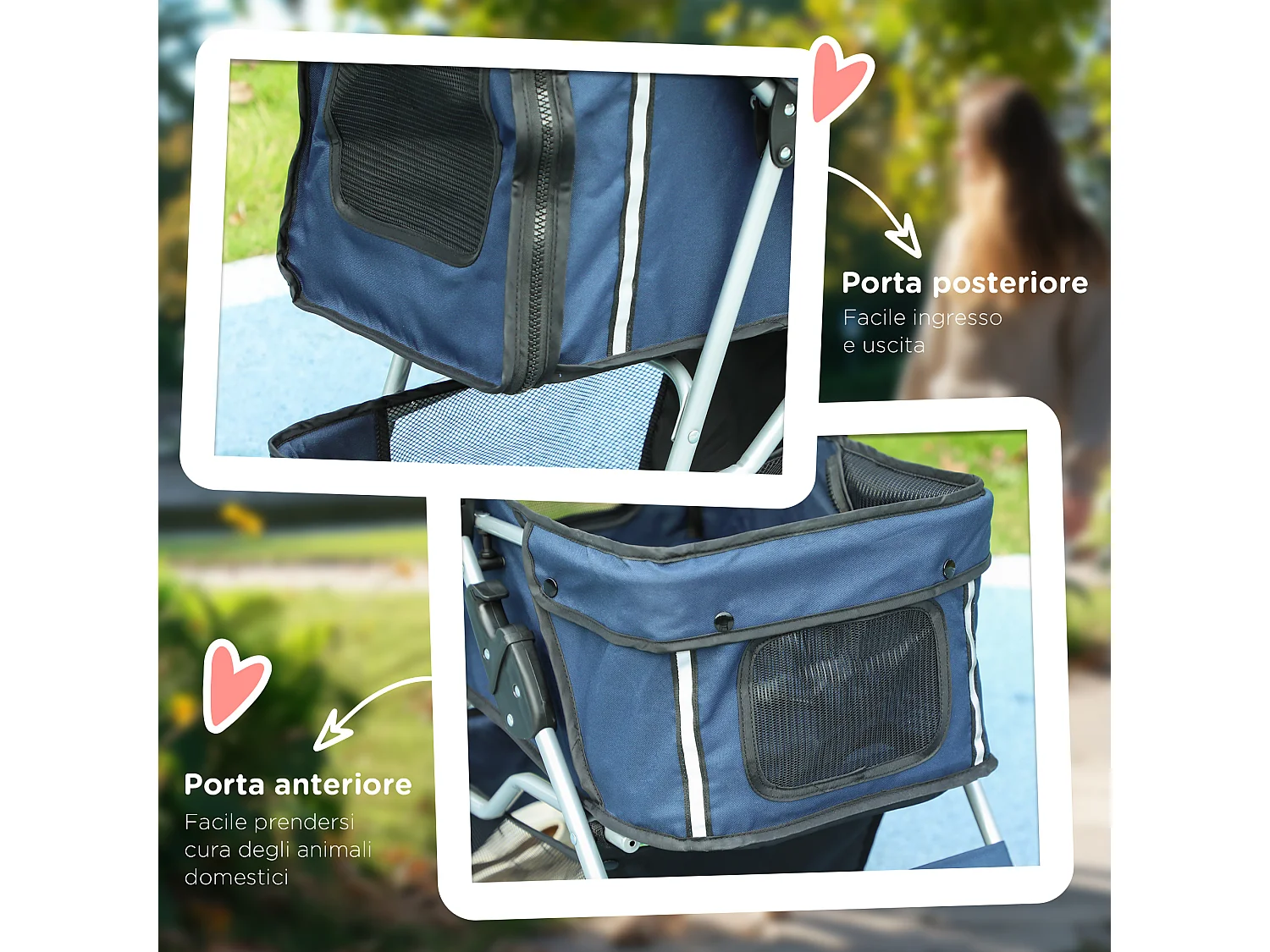 Passeggino per cani piccoli pieghevole con cestino e portabicchiere blu