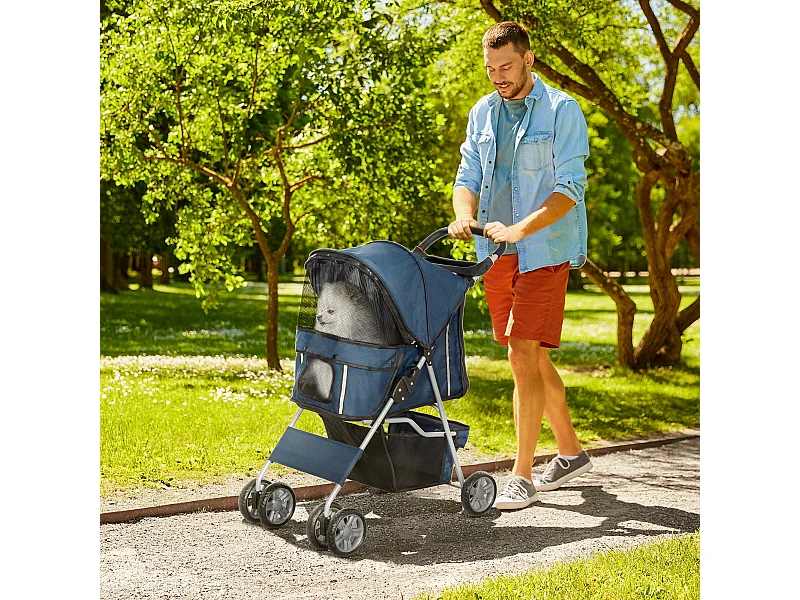 Passeggino per cani piccoli pieghevole con cestino e portabicchiere blu