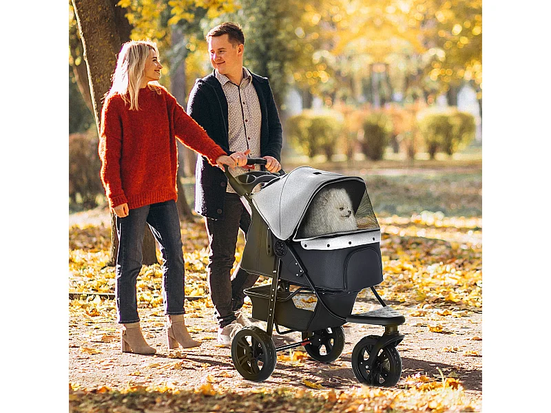 Passeggino per cani pieghevole 3 ruote con freno e cestino grigio nero