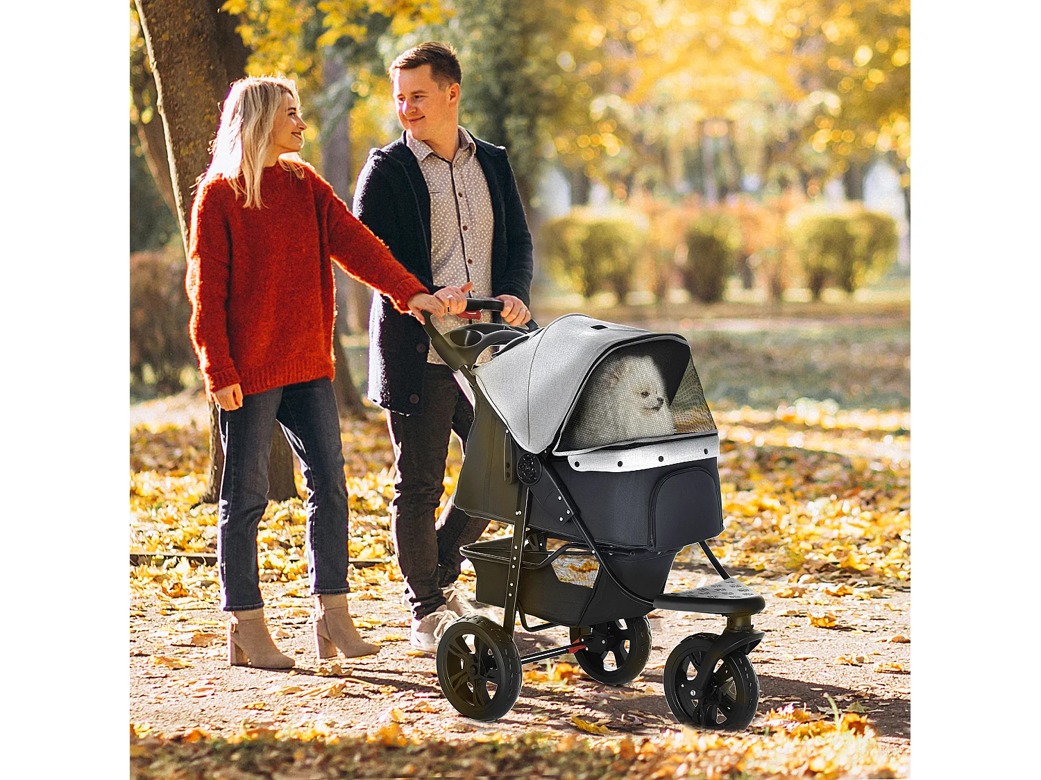 Passeggino per cani pieghevole 3 ruote con freno e cestino grigio nero