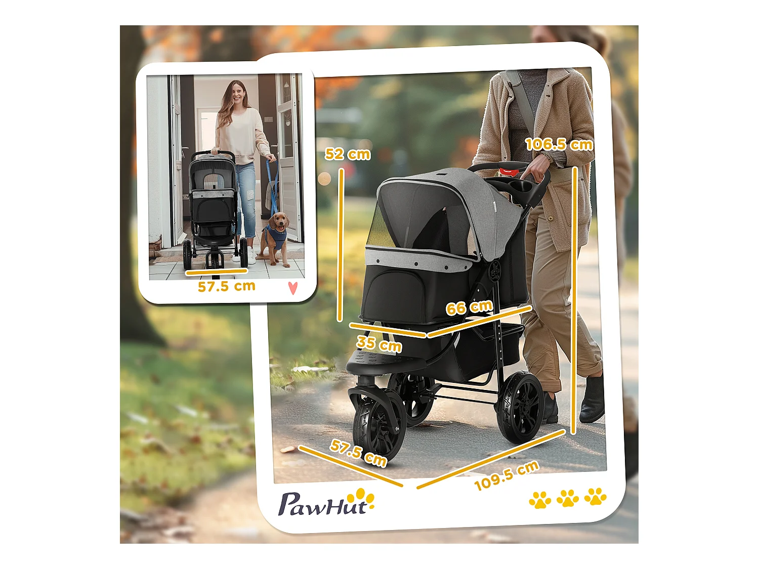 Passeggino per cani pieghevole 3 ruote con freno e cestino grigio nero