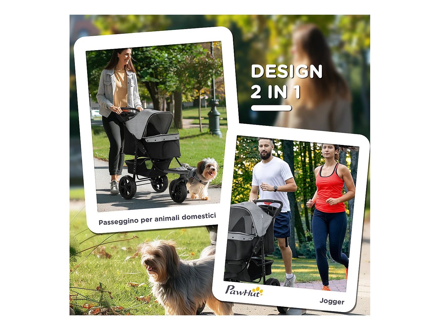 Passeggino per cani pieghevole 3 ruote con freno e cestino grigio nero