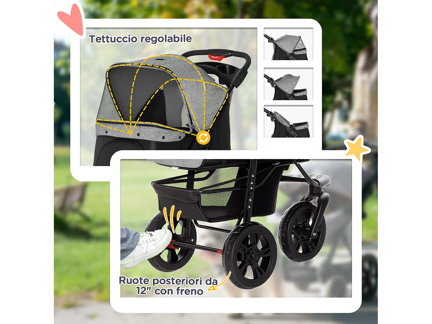 Passeggino per cani pieghevole 3 ruote con freno e cestino grigio nero