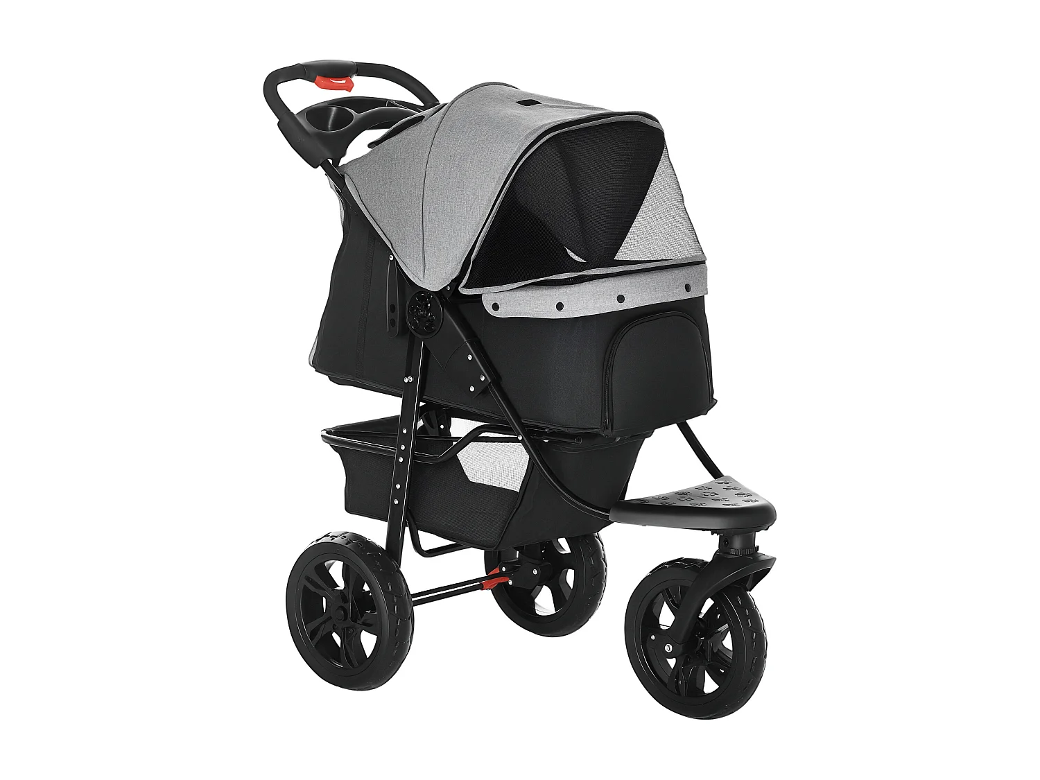Passeggino per cani pieghevole 3 ruote con freno e cestino grigio nero