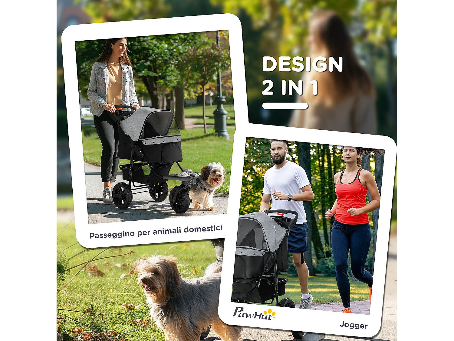 Passeggino per cani pieghevole 3 ruote con freno e cestino grigio nero