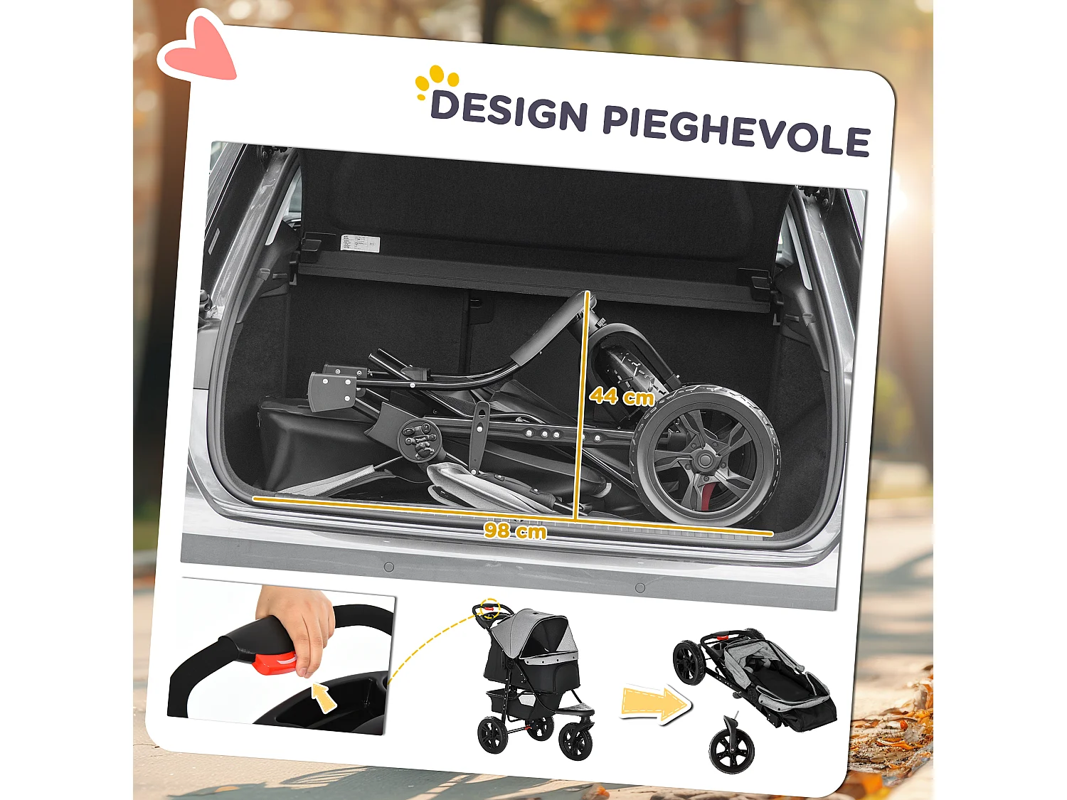 Passeggino per cani pieghevole 3 ruote con freno e cestino grigio nero