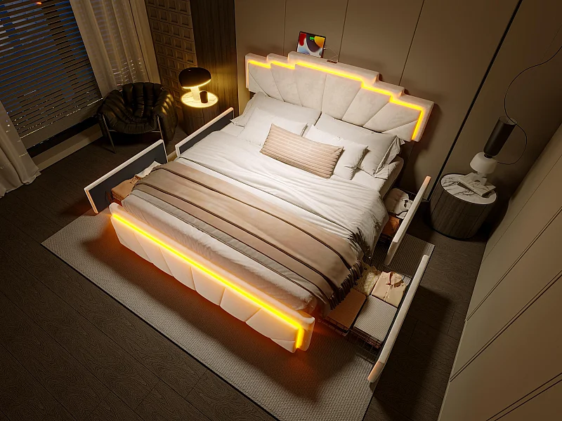 Lit coffre rembourré 160x200 cm en velours beige - avec 4 tiroirs - ports USB et Type-C - éclairage LED RGB - design futuriste