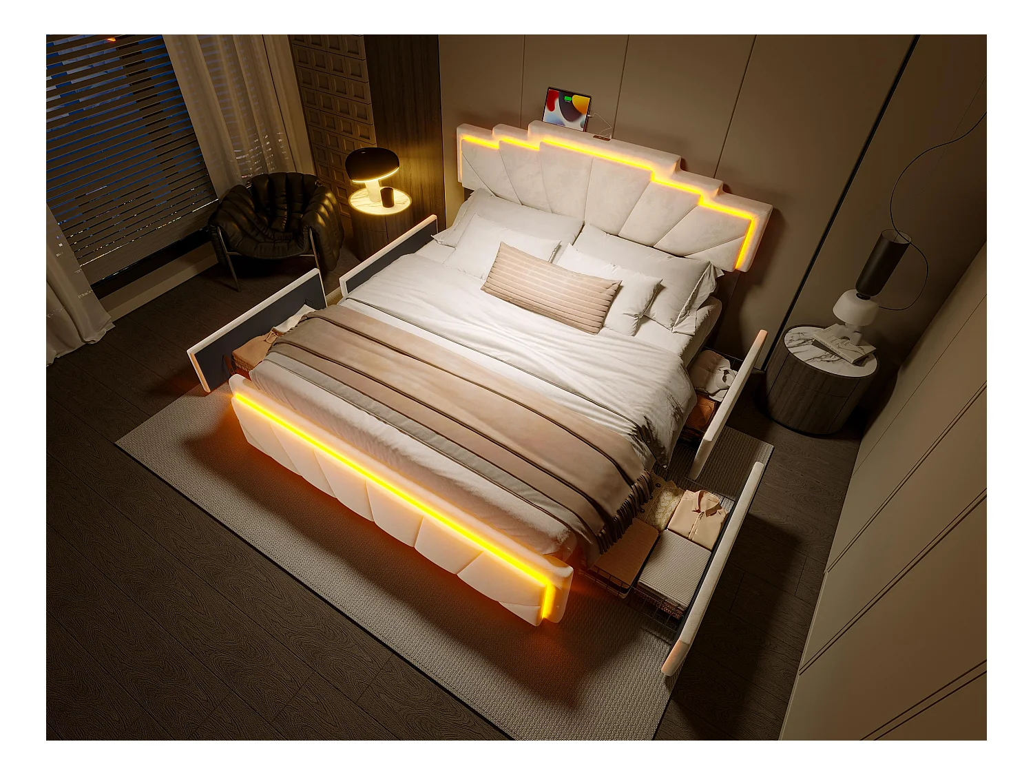 Lit coffre rembourré 160x200 cm en velours beige - avec 4 tiroirs - ports USB et Type-C - éclairage LED RGB - design futuriste