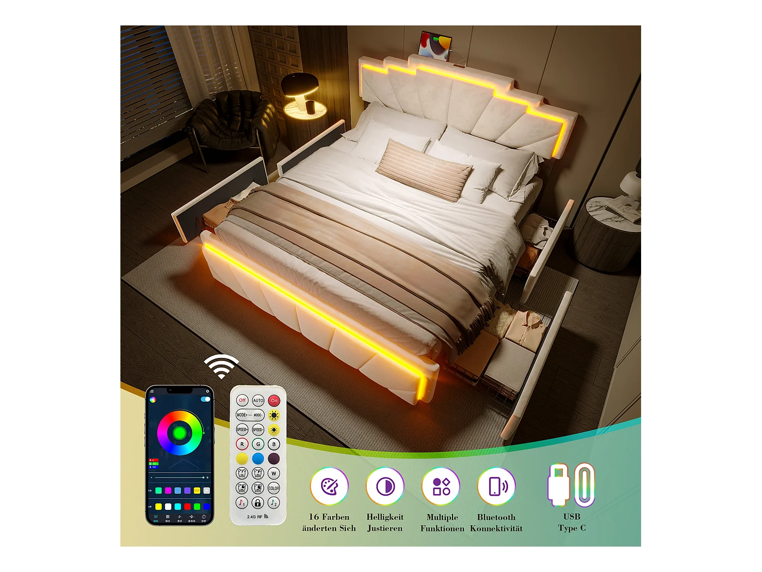 Lit coffre rembourré 160x200 cm en velours beige - avec 4 tiroirs - ports USB et Type-C - éclairage LED RGB - design futuriste