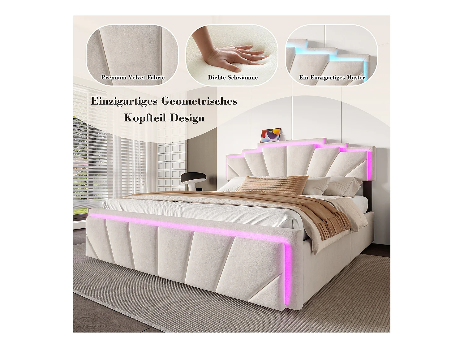 Lit coffre rembourré 160x200 cm en velours beige - avec 4 tiroirs - ports USB et Type-C - éclairage LED RGB - design futuriste