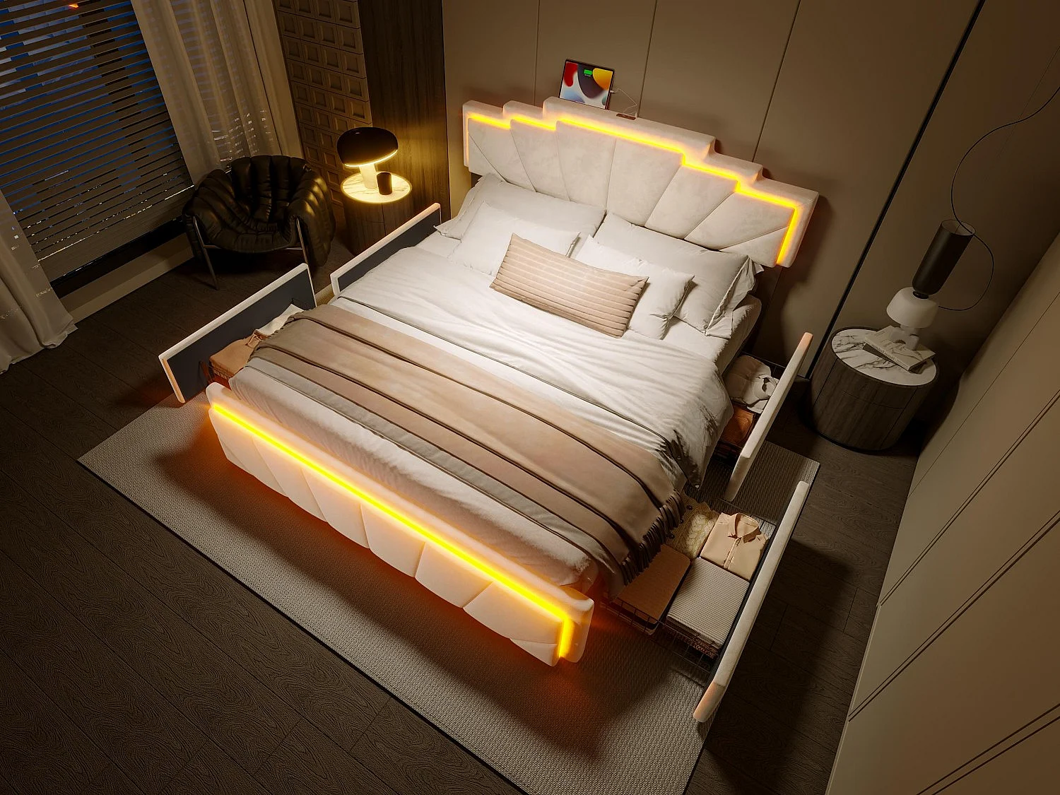 Lit coffre rembourré 160x200 cm en velours beige - avec 4 tiroirs - ports USB et Type-C - éclairage LED RGB - design futuriste