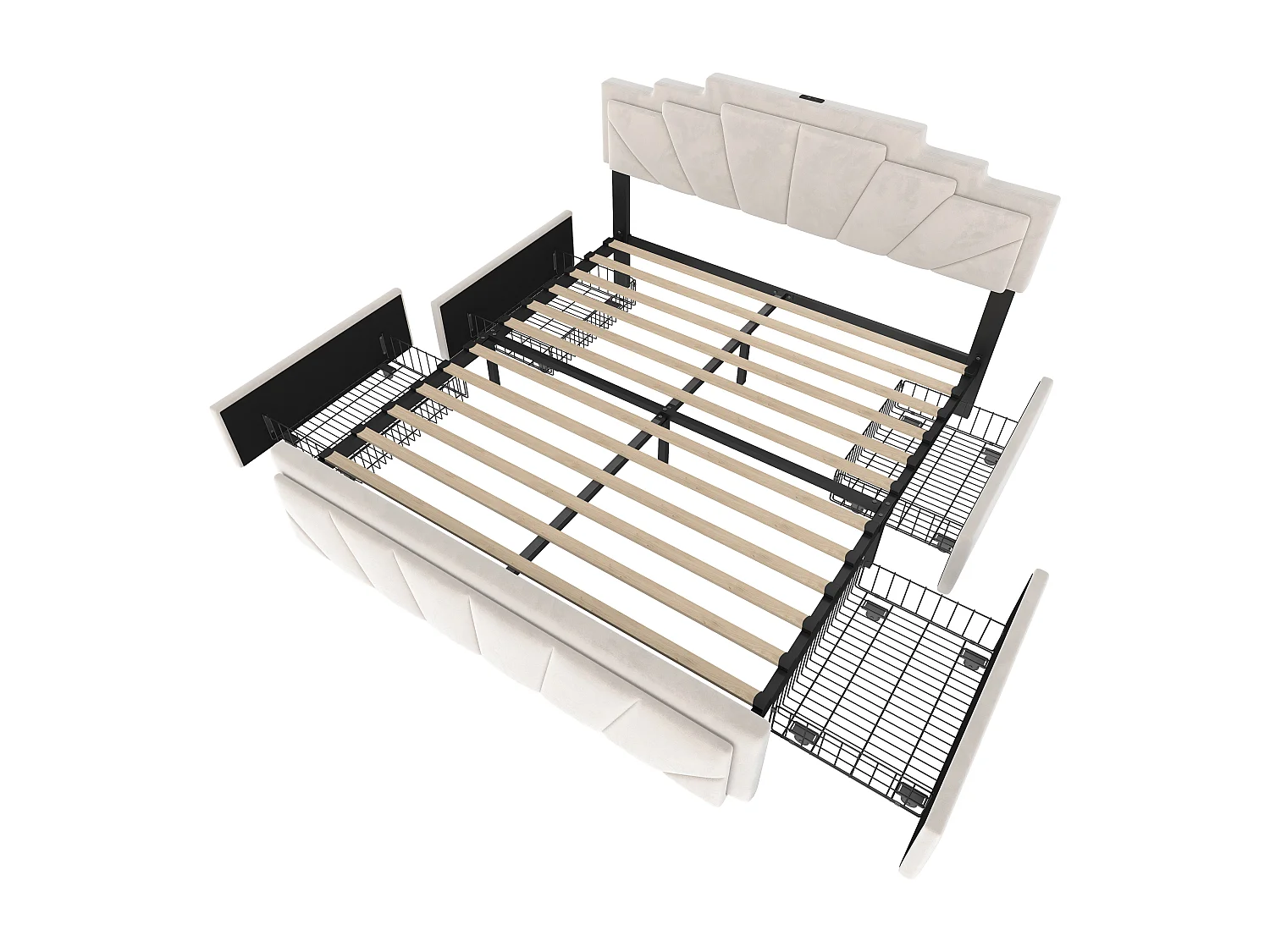 Lit coffre rembourré 160x200 cm en velours beige - avec 4 tiroirs - ports USB et Type-C - éclairage LED RGB - design futuriste