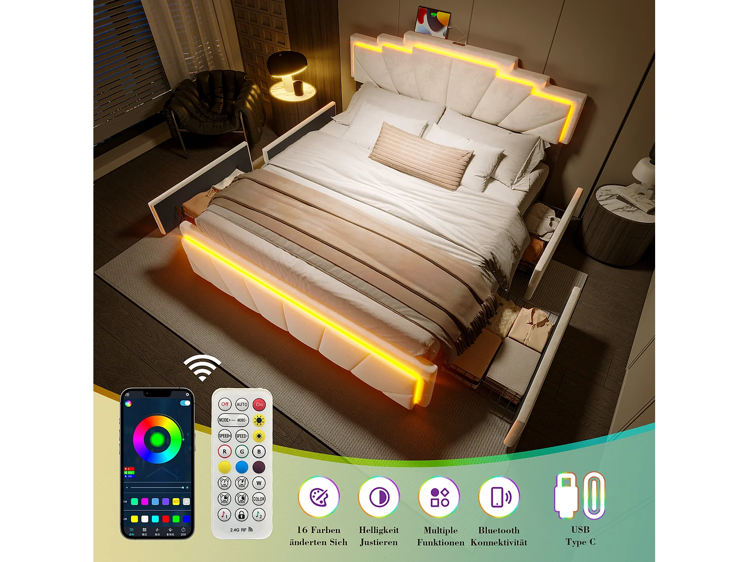 Lit coffre rembourré 160x200 cm en velours beige - avec 4 tiroirs - ports USB et Type-C - éclairage LED RGB - design futuriste
