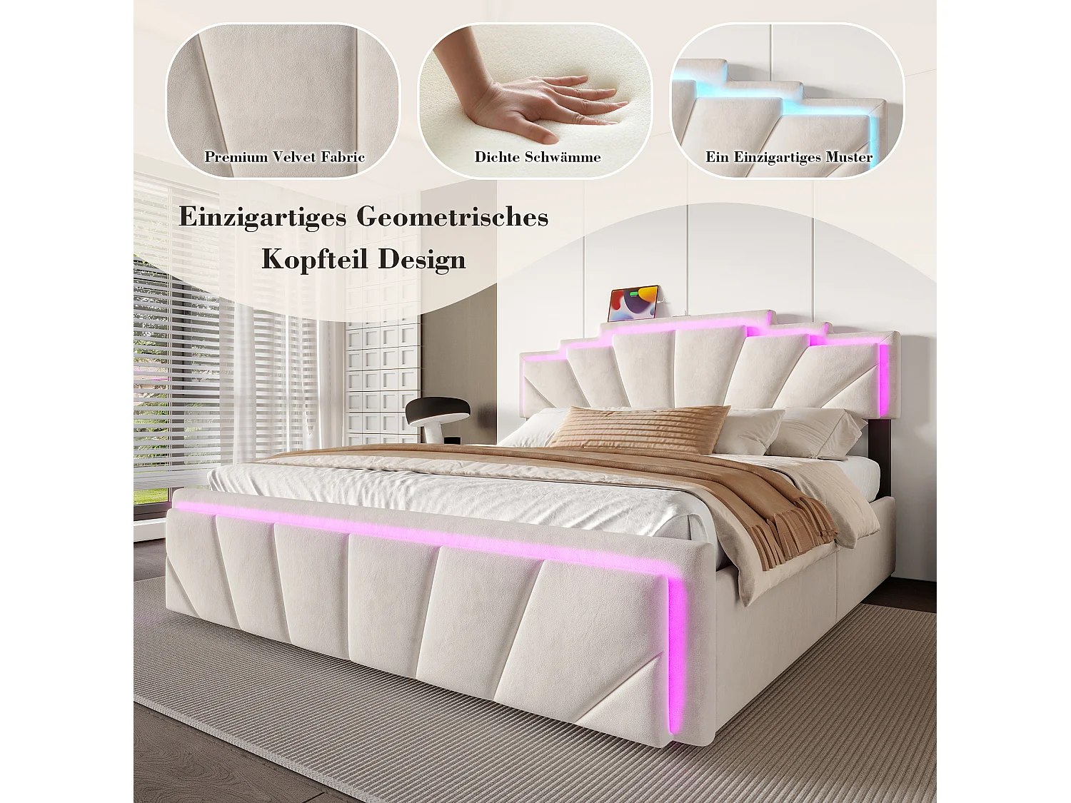 Lit coffre rembourré 160x200 cm en velours beige - avec 4 tiroirs - ports USB et Type-C - éclairage LED RGB - design futuriste