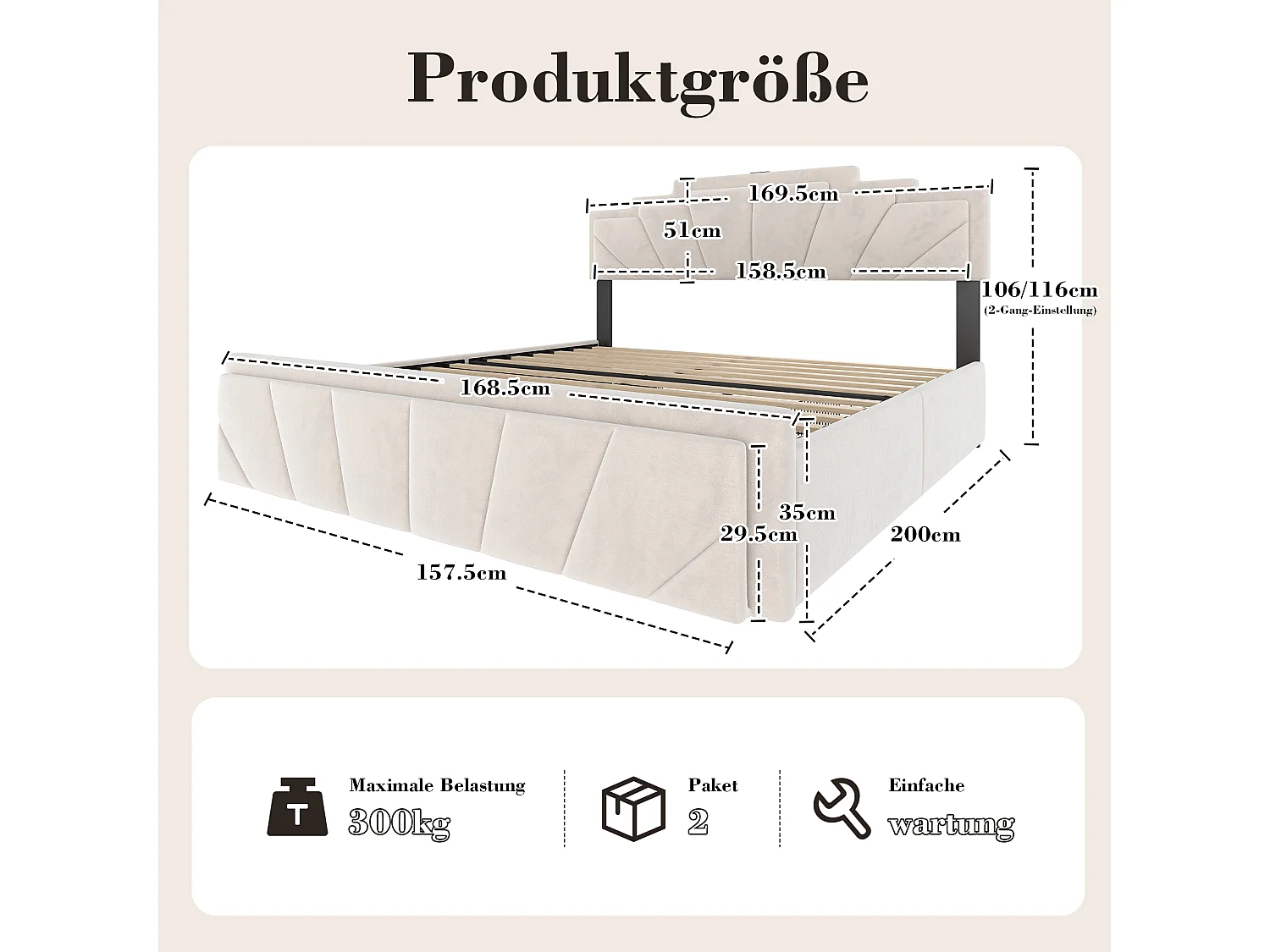 Lit coffre rembourré 160x200 cm en velours beige - avec 4 tiroirs - ports USB et Type-C - éclairage LED RGB - design futuriste