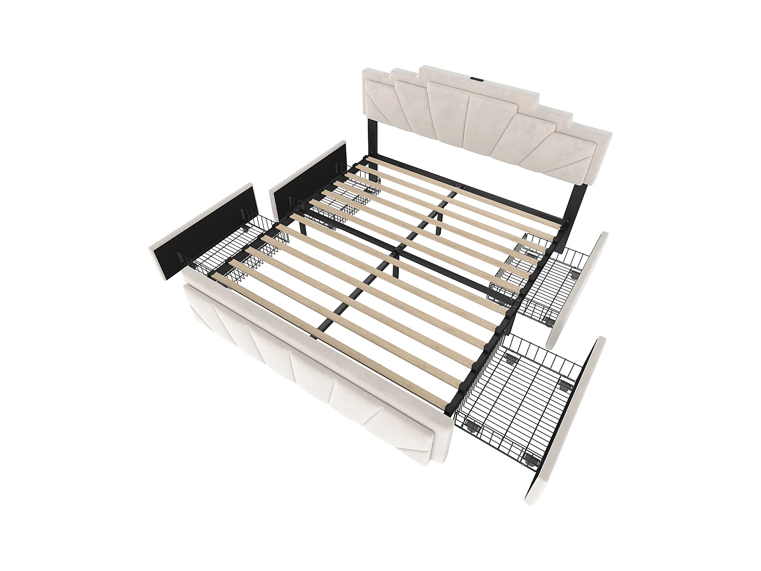 Lit coffre rembourré 160x200 cm en velours beige - avec 4 tiroirs - ports USB et Type-C - éclairage LED RGB - design futuriste