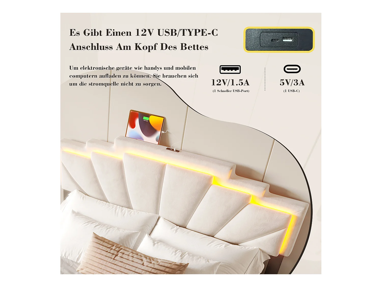 Lit coffre rembourré 160x200 cm en velours beige - avec 4 tiroirs - ports USB et Type-C - éclairage LED RGB - design futuriste