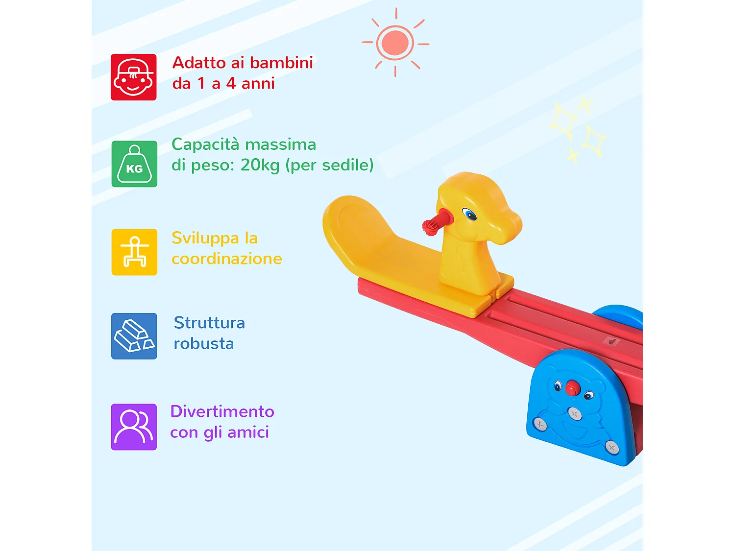 Altalena a bilancia per bimbi età 1-4 anni maniglie antiscivolo