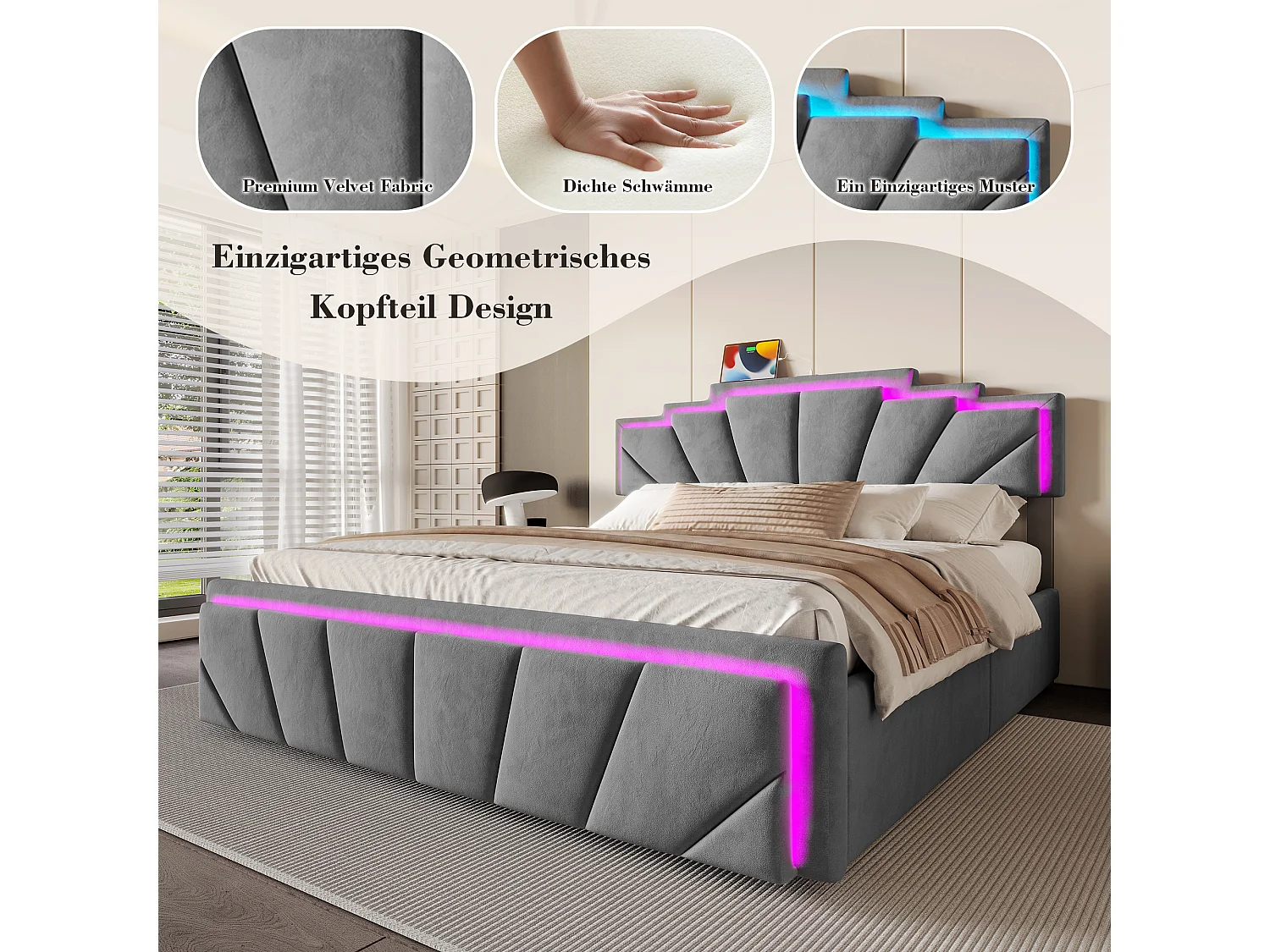 Lit coffre rembourré 140x200 cm en velours gris - avec 4 tiroirs - ports USB et Type-C - éclairage LED RGB - design futuriste