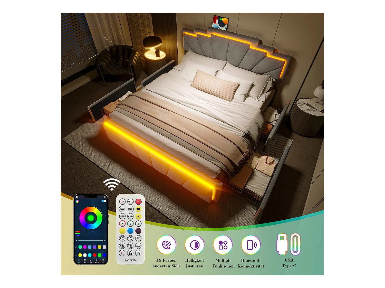 Lit coffre rembourré 140x200 cm en velours gris - avec 4 tiroirs - ports USB et Type-C - éclairage LED RGB - design futuriste