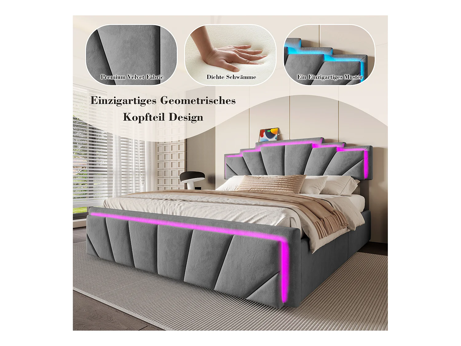 Lit coffre rembourré 140x200 cm en velours gris - avec 4 tiroirs - ports USB et Type-C - éclairage LED RGB - design futuriste