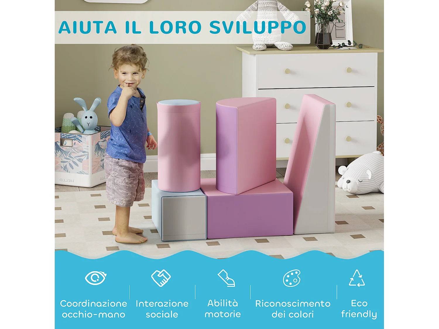 Set costruzioni morbide per bambini con 5 blocchi multicolore