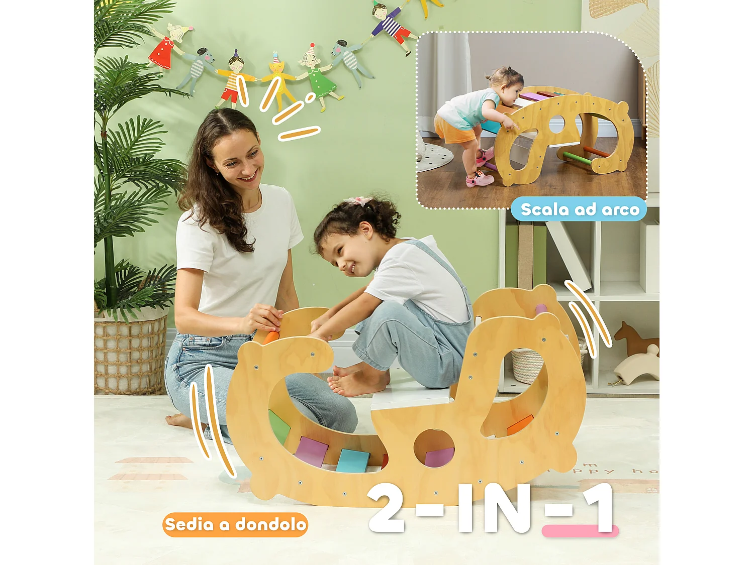 Gioco per bambini 2 in 1 arco montessoriano e sedia a dondolo in legno