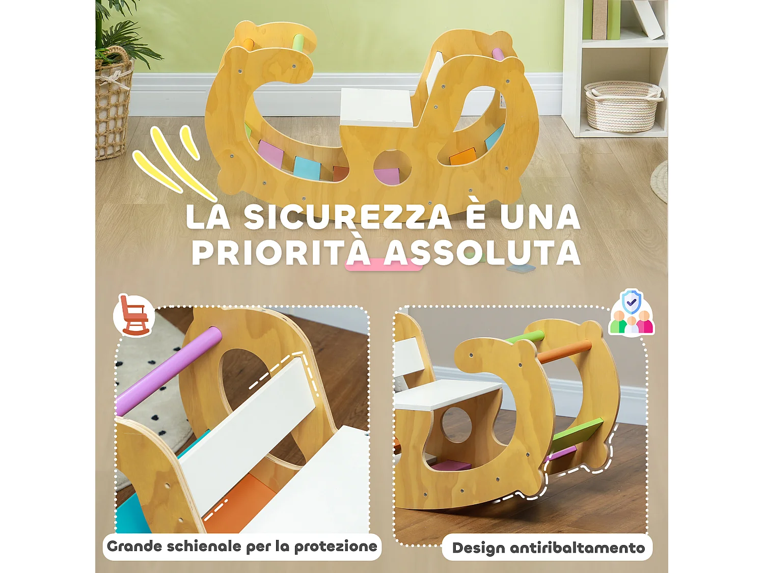 Gioco per bambini 2 in 1 arco montessoriano e sedia a dondolo in legno