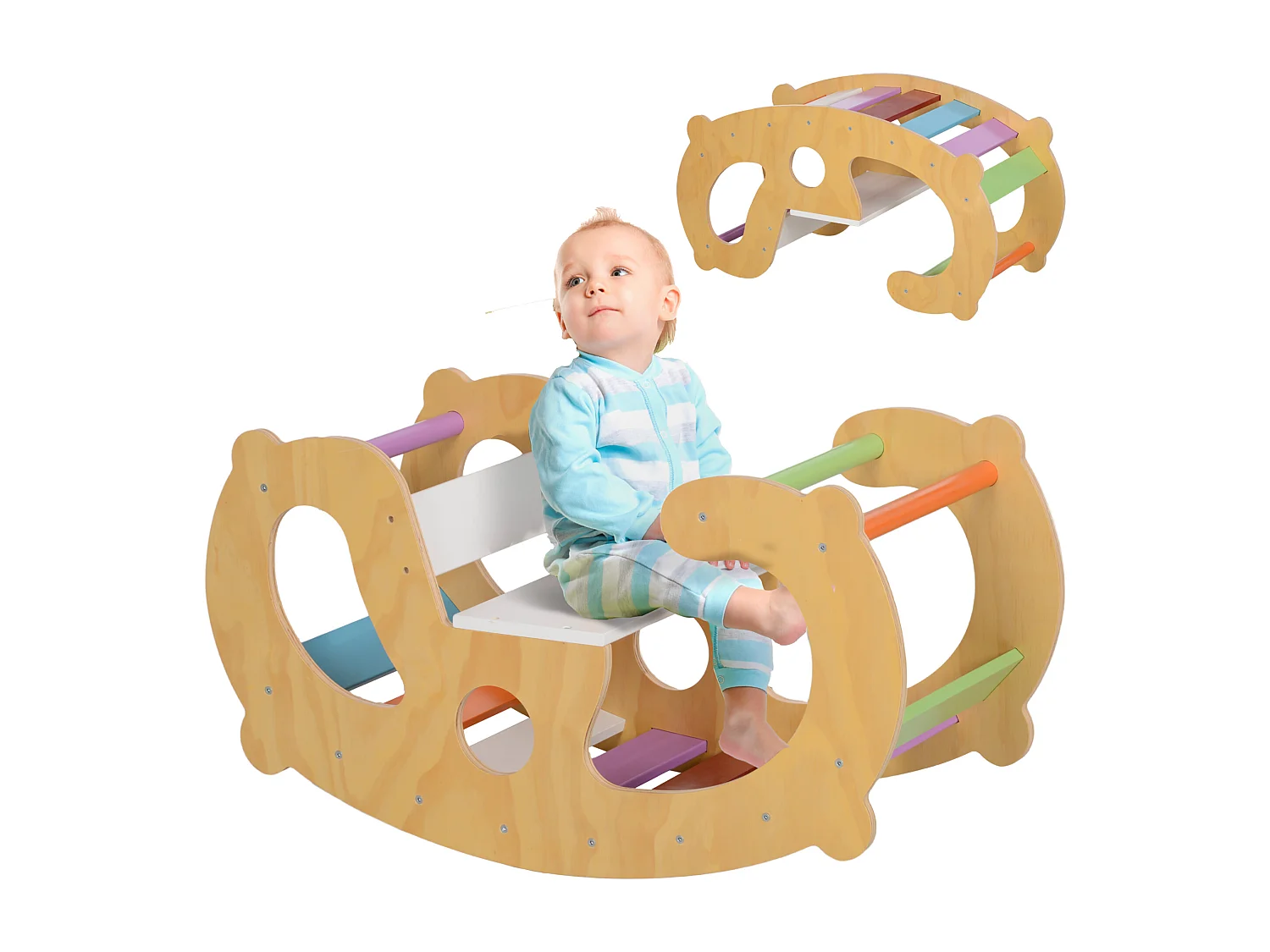 Gioco per bambini 2 in 1 arco montessoriano e sedia a dondolo in legno