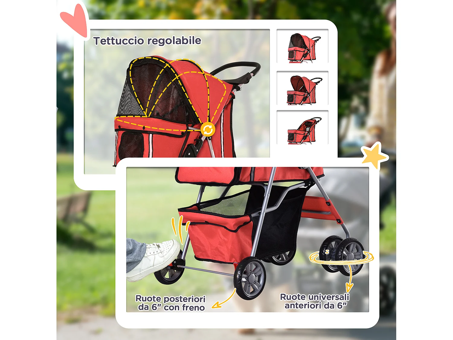 Passeggino per cani pieghevole cestino copertura tessuto oxford rosso