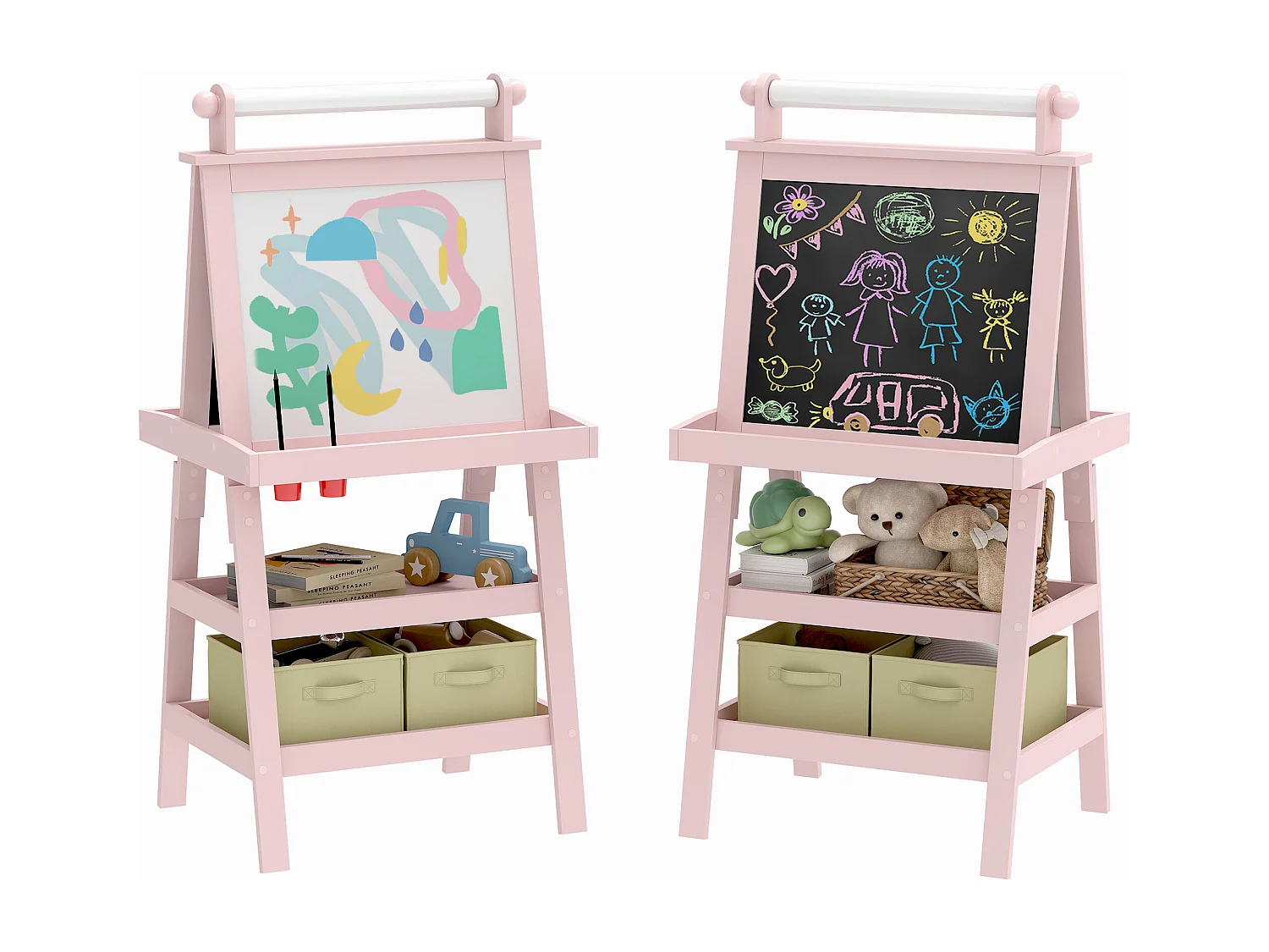 Lavagna per bambini con cavalletto in legno e rotolo di carta rosa