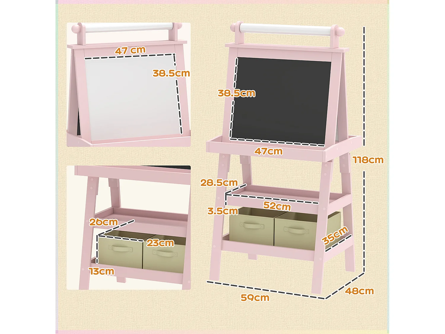 Lavagna per bambini con cavalletto in legno e rotolo di carta rosa
