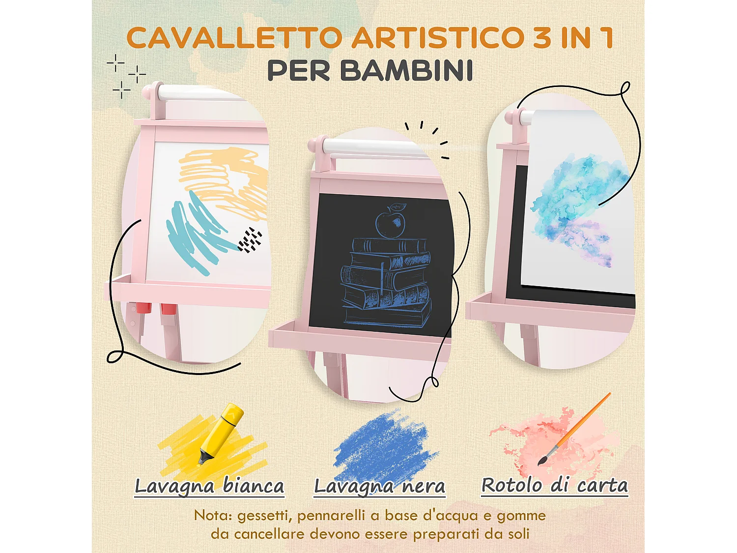 Lavagna per bambini con cavalletto in legno e rotolo di carta rosa
