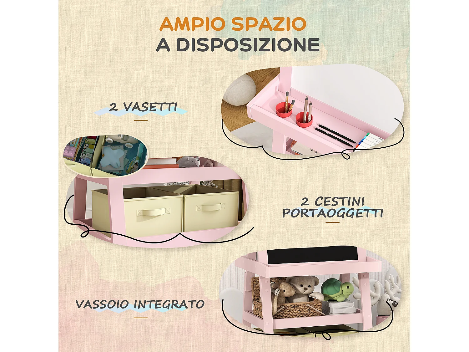 Lavagna per bambini con cavalletto in legno e rotolo di carta rosa