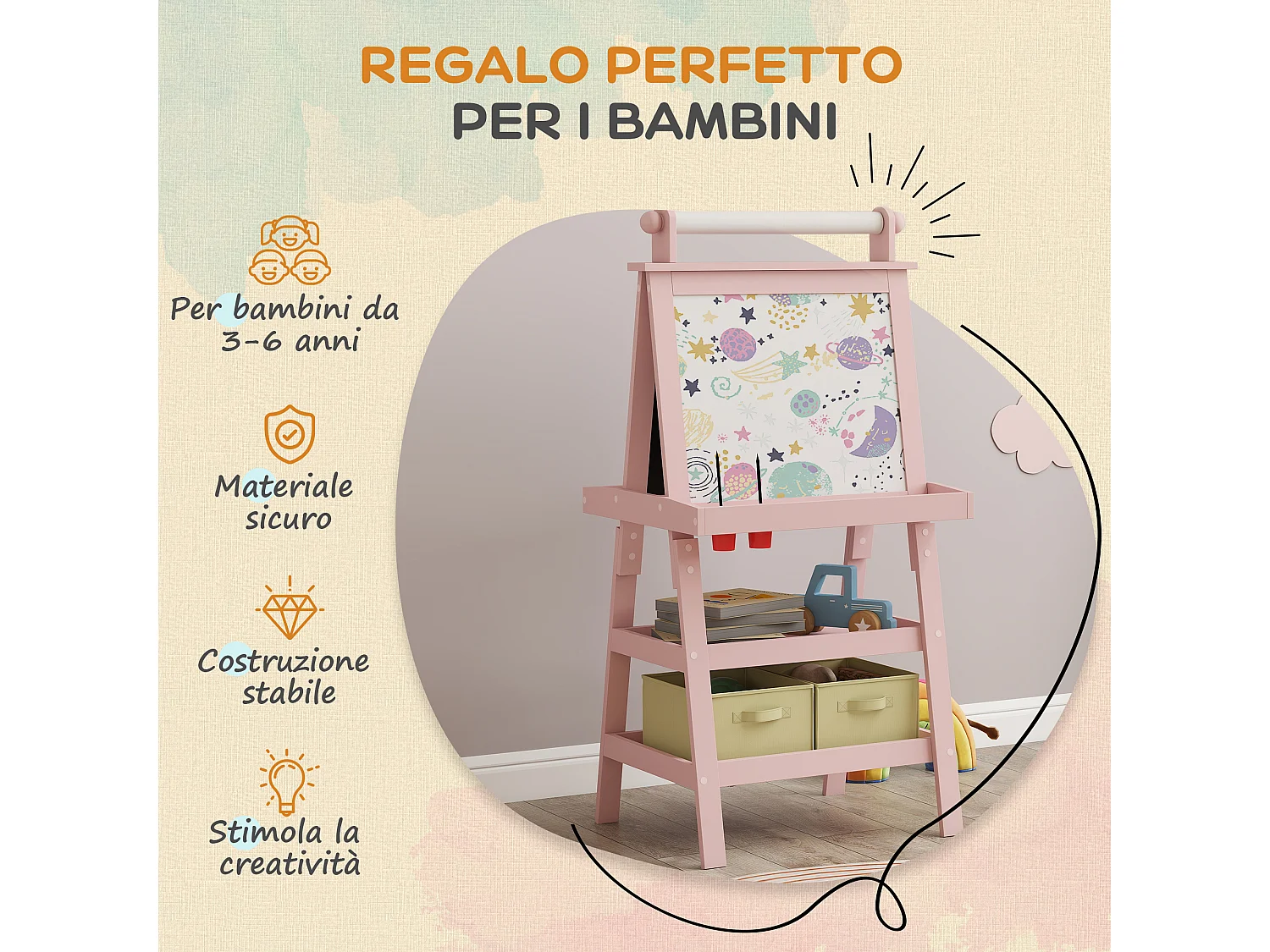 Lavagna per bambini con cavalletto in legno e rotolo di carta rosa